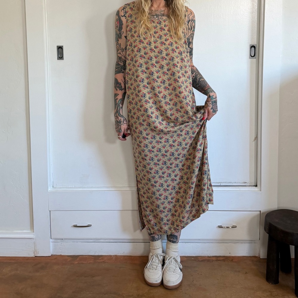 Vintage Erika London Floral Maxi Dress Tan Cotton Blend Large Sleeveless - Picture 5 of 5